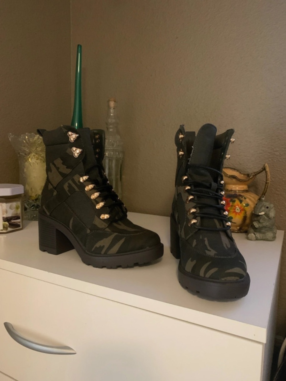 Camouflage Lace-Up Block Heel Boots